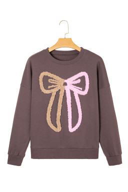 Dark Khaki Terry Bow Pattern Drop Shoulder Sweatshirt