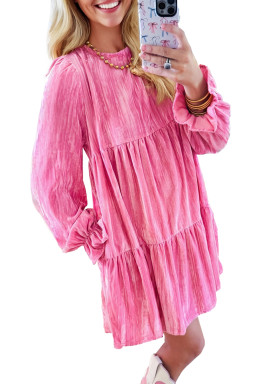 Strawberry Pink Flounce Sleeve Tiered Ruffled Velvet Mini Dress