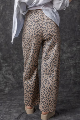 Khaki Leopard Print Drawstring Waist Pocketed Wide Leg Jeans