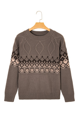 Light French Beige Geometric Pattern Crew Neck Knitted Sweater