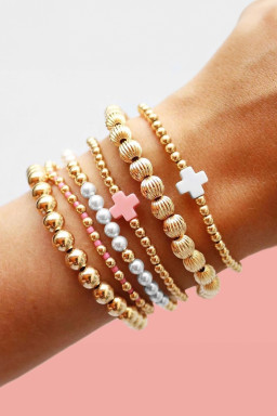Gold Pearl Cross Beaded Stretch Bracelet Set