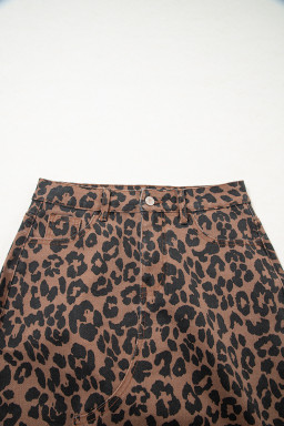 Brown Leopard Print Frayed Edge Denim Skirt Long Casual Daily Wear