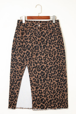 Brown Leopard Print Frayed Edge Denim Skirt Long Casual Daily Wear