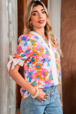 White Floral Colorblock Striped Edge V Neck Knotted Short Sleeve Blouse