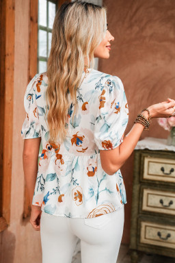 Green Floral Print Puff Sleeve V Neck Babydoll Blouse