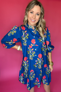 Blue Floral Print Button Front 3/4 Puff Sleeve Ruffle Hem Dress