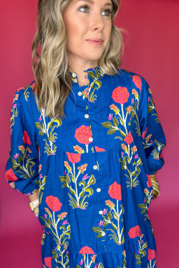 Blue Floral Print Button Front 3/4 Puff Sleeve Ruffle Hem Dress