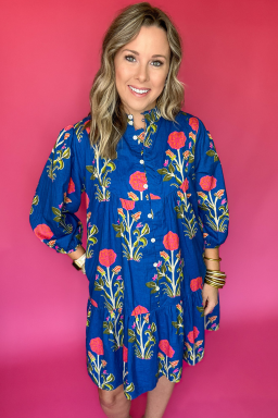 Blue Floral Print Button Front 3/4 Puff Sleeve Ruffle Hem Dress