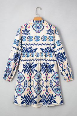 Blue Ethnic Print Pop of Color Neckline Long Sleeve Dress