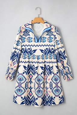 Blue Ethnic Print Pop of Color Neckline Long Sleeve Dress