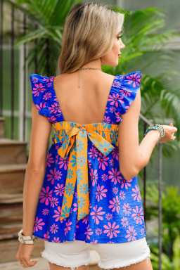 Blue Flower Colorblock Smocked Flutter Straps Flowy Top