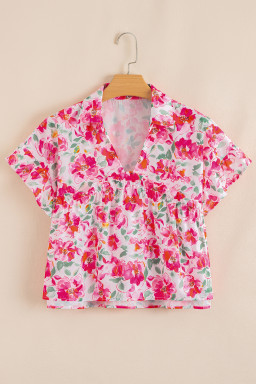 Pink Allover Floral Print Boxy Fit V Neck Blouse