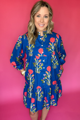 Blue Floral Print Button Front 3/4 Puff Sleeve Ruffle Hem Dress