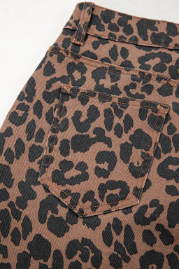 Brown Leopard Print Frayed Edge Denim Skirt Long Casual Daily Wear