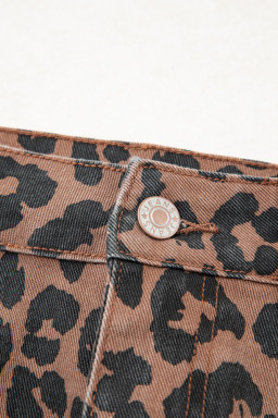Brown Leopard Print Frayed Edge Denim Skirt Long Casual Daily Wear