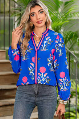 Blue Floral Print Pop Of Color V Neck Puff Sleeve Blouse