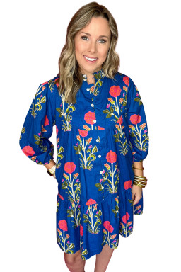 Blue Floral Print Button Front 3/4 Puff Sleeve Ruffle Hem Dress