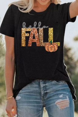 Black Hello Fall Letter Pumpkin Heat Transfer Printing T Shirt
