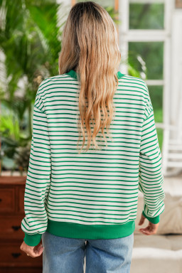 Bright Green Striped Contrast Trim Long Sleeve Top