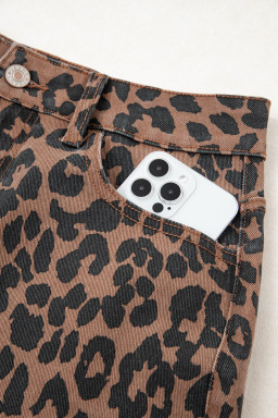 Brown Leopard Print Frayed Edge Denim Skirt Long Casual Daily Wear