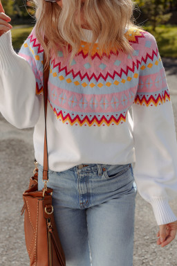 White Ethnic Geometric Colorblock Pattern Drop Shoulder Sweater