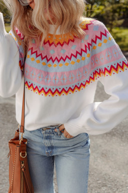 White Ethnic Geometric Colorblock Pattern Drop Shoulder Sweater