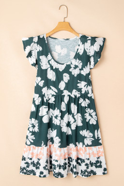 Dark Green Floral Print Ruffle Sleeve Empire Waist Mini Dress