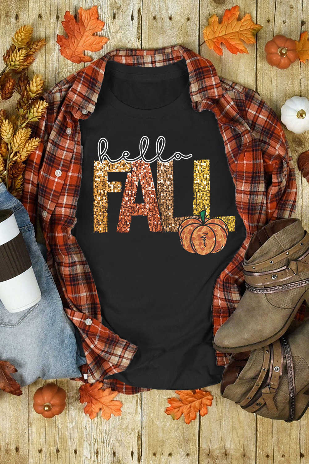 Black Hello Fall Letter Pumpkin Heat Transfer Printing T Shirt