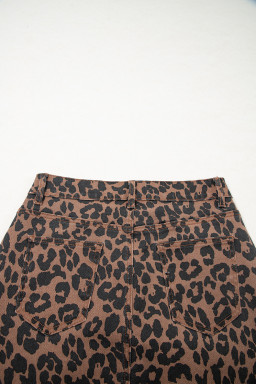Brown Leopard Print Frayed Edge Denim Skirt Long Casual Daily Wear