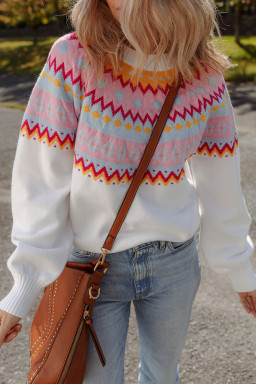 White Ethnic Geometric Colorblock Pattern Drop Shoulder Sweater