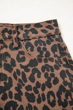 Brown Leopard Print Frayed Edge Denim Skirt Long Casual Daily Wear