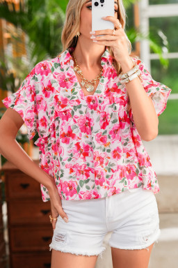 Pink Allover Floral Print Boxy Fit V Neck Blouse