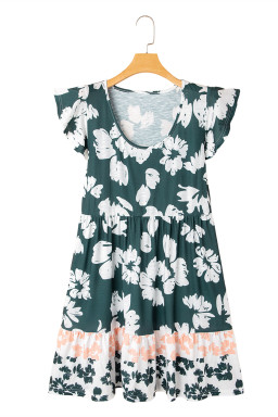 Dark Green Floral Print Ruffle Sleeve Empire Waist Mini Dress