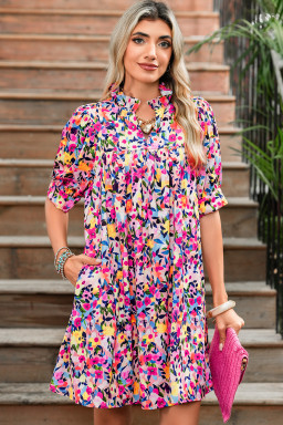 Pink Floral Puff Short Sleeve V Neck Mini Dress