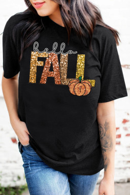 Black Hello Fall Letter Pumpkin Heat Transfer Printing T Shirt