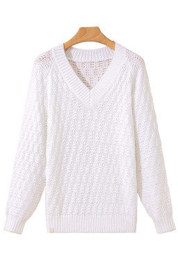 White Plain Knit Ribbed Edge V Neck Loose Sweater