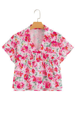 Pink Allover Floral Print Boxy Fit V Neck Blouse