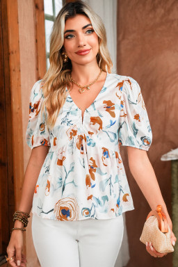 Green Floral Print Puff Sleeve V Neck Babydoll Blouse