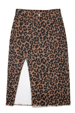 Brown Leopard Print Frayed Edge Denim Skirt Long Casual Daily Wear