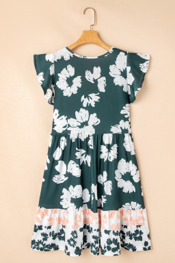 Dark Green Floral Print Ruffle Sleeve Empire Waist Mini Dress