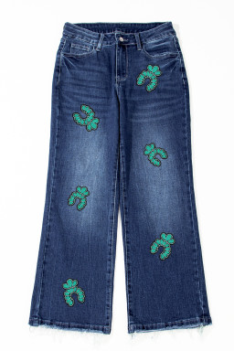 Sail Blue Turquoise Pattern Patch Application Raw Edge Cropped High Waist Jeans