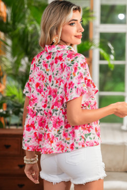 Pink Allover Floral Print Boxy Fit V Neck Blouse