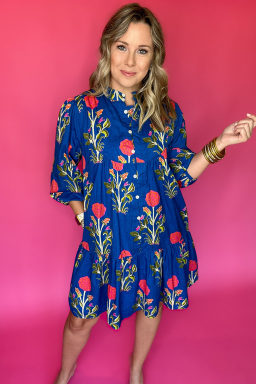 Blue Floral Print Button Front 3/4 Puff Sleeve Ruffle Hem Dress