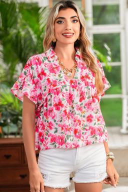 Pink Allover Floral Print Boxy Fit V Neck Blouse