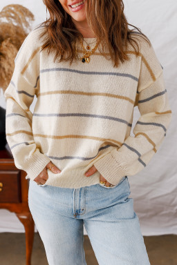 Multicolour Striped Ribbed Edge Drop Shoulder Sweater