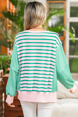 Green Stripe Colorblock Patchwork Side Split Sweatshirt
