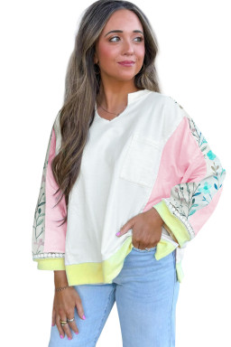 White Floral Colorblock Patchwork Notched Neck Long Sleeve Top