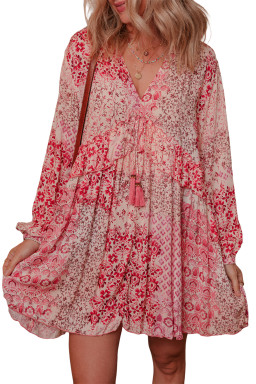 Pink Bohemian Floral Print Tassel Tie Long Sleeve Flowy Mini Dress