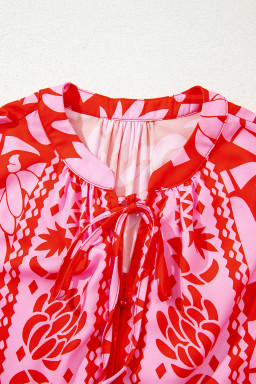 Strawberry Pink Floral Print Tie V Neck Blouse