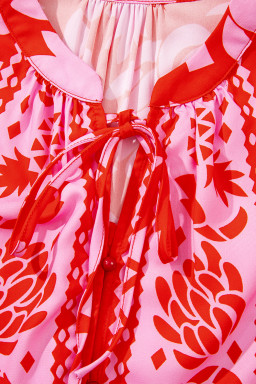 Strawberry Pink Floral Print Tie V Neck Blouse
